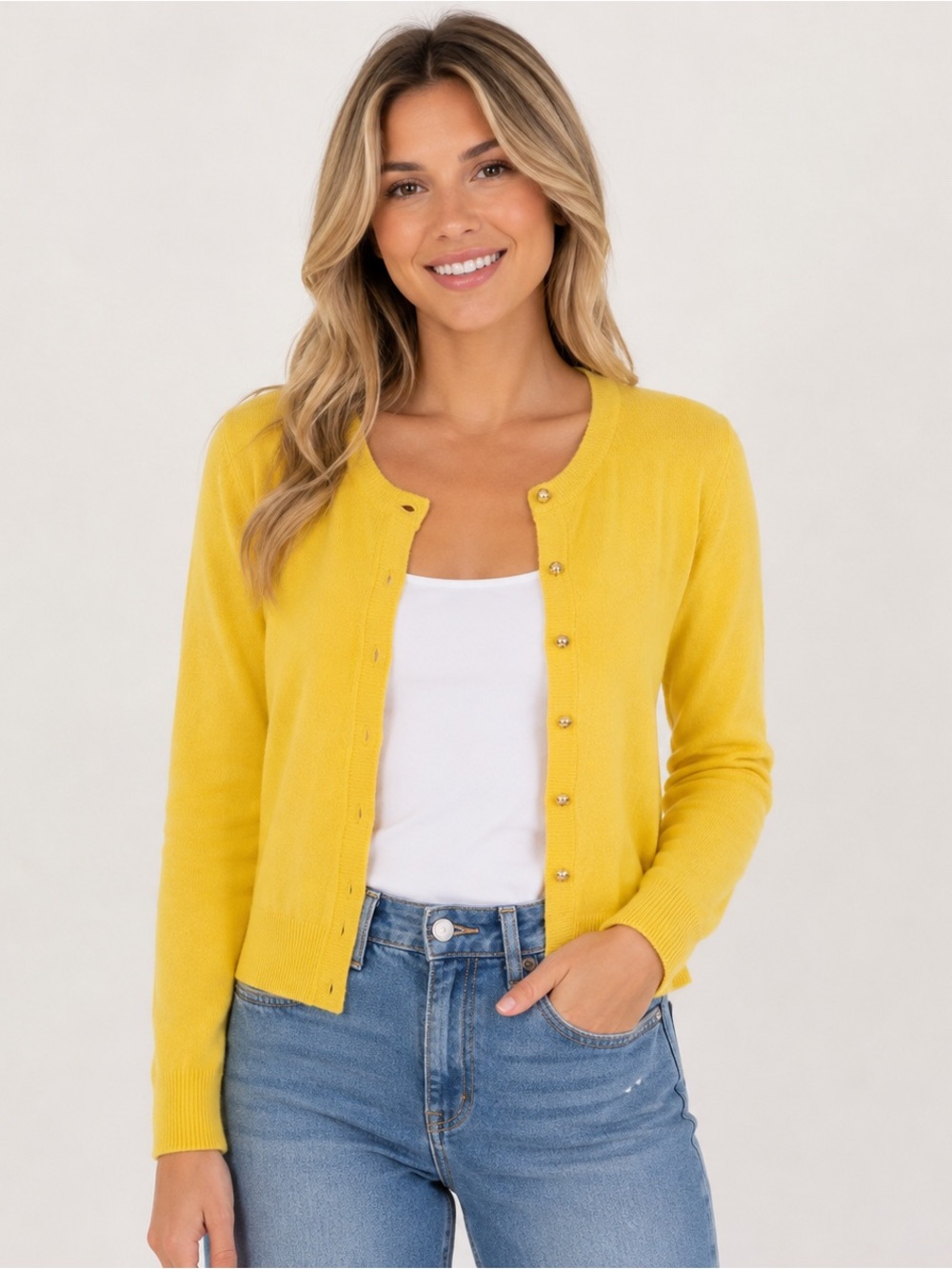 Melrose Chic New York Women's Yellow Button-Front Crewneck Sweater XL Classic